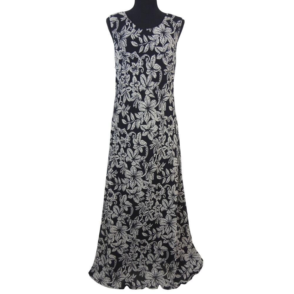 Vintage 90s Y2K Dorby Black & Cream Floral Maxi Dress Plus 18 Long Sleeveless